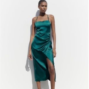 Zara satiny slip dress green side gather faux strap slit front